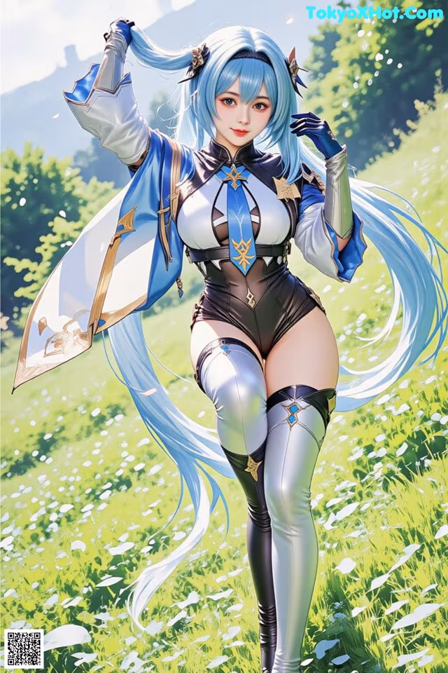 A woman with long blue hair standing in a field.