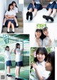 A collage of photos of a girl in a school uniform.