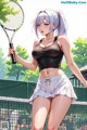 A woman holding a tennis racket on a tennis court.