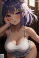 Anime girl with purple hair wearing a white bra and a flower in her hair.